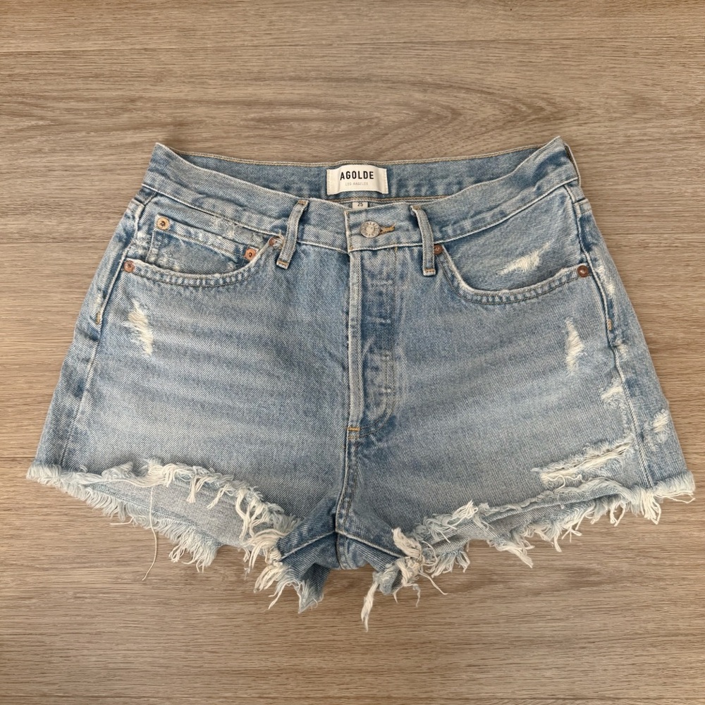 agolde medium blue high waisted rise distressed ripped denim jeans shorts bottom